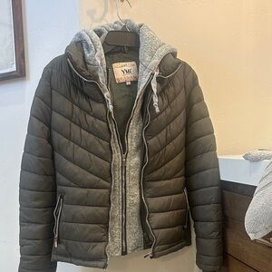 YMI Olive Green Quilted Puffer Jacket with Gray Hoodie Liner